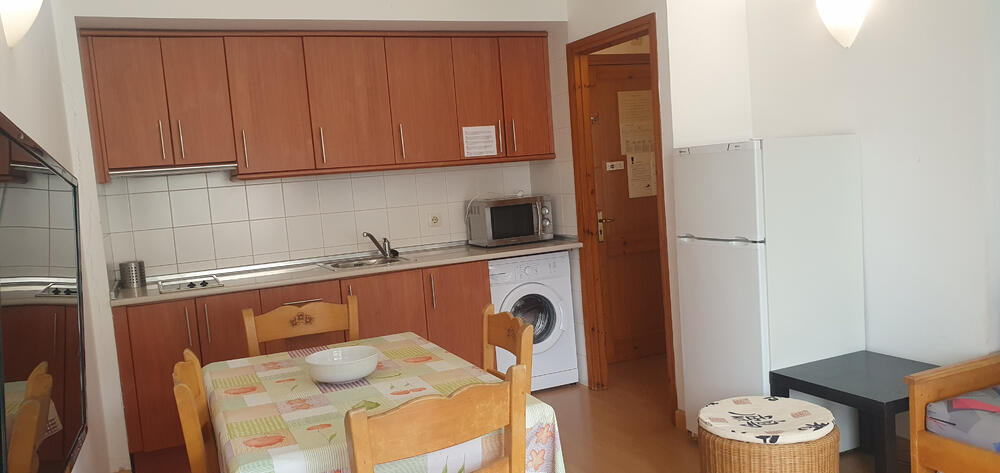 Wohnzimmer mit Sofa, offene Küche und Esszimmer